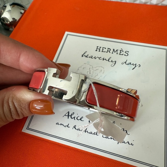 Hermes Clic H Clac Rouge Corail Coral Enamel Palladium Plated Bracelet PM New - Picture 4 of 13
